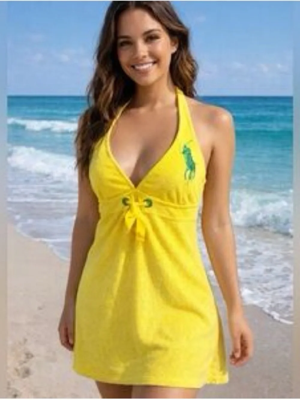 Ralph Lauren Yellow Halter Tie-Front Dress with Green Pony - Picture 1 of 5